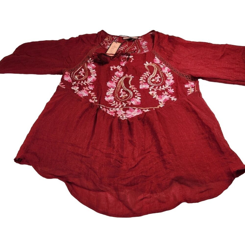 Olive Hill Women's Blouse Size S Red Embroidered Tassel Ties Bubble Sleeve (19)